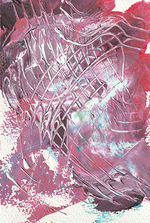 ピンクと白が巻き上がり削られているような描写のある抽象画