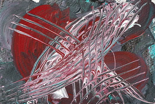 薄い墨色に赤い丸をひっかいたような跡が残る抽象画