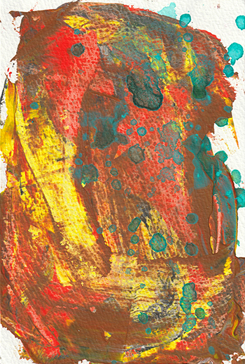 にじむオレンジと黄色の上に青銅色が垂れ落ちている抽象画