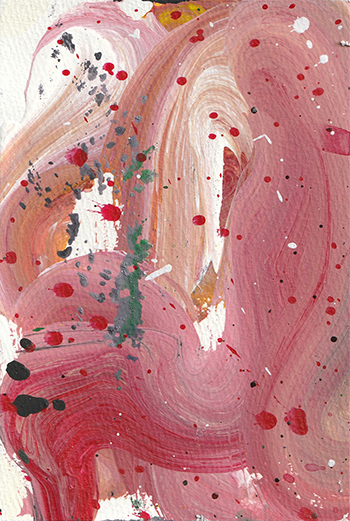 桜色でうねるような描写がされた抽象画