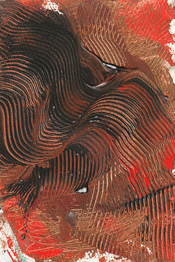 オレンジと焦げた黒の絵の具を削ったような抽象画