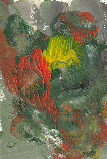 芽吹く緑と花の色を描いた抽象画