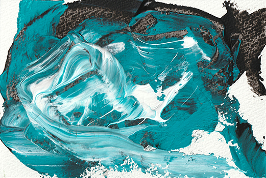 青と白・黒の絵の具でその場にとどまって暴れるような流れを表現した抽象画