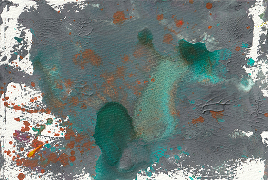 グレーの地に青銅色や赤茶で錆びたような色合いのにじむ抽象画