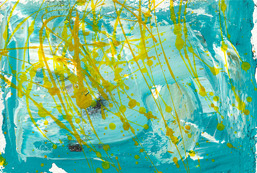 水流のような青い絵の具の流れに黄色い絵の具が細く滴る抽象画