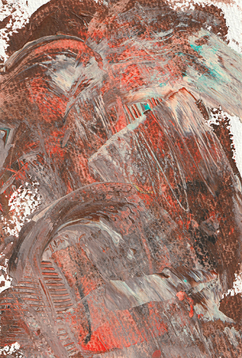 オレンジ色が巻き上がるようなうねった描写の抽象画