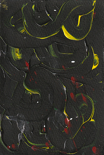 うねる暗いみどりの線の隙間から黄色い光がわずかに見える抽象画