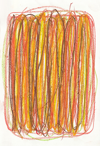 暖色系のクレヨンで縦中の渦が描かれた抽象画