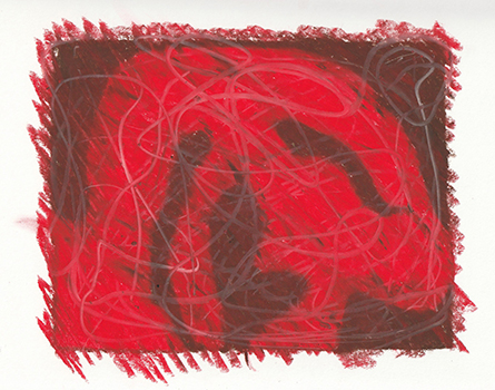 赤地に茶色のシルエットが描かれた抽象画