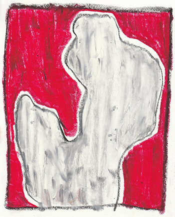 赤地に白のシルエットが描かれた抽象画