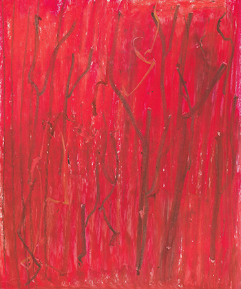 赤地にグレーの線のようなシルエットが描かれた抽象画