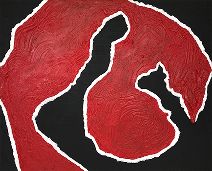 白く縁どられた赤いオブジェクトが配置されている、珪藻土で描かれた立体的な抽象画