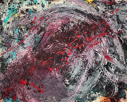 緑・黒・白・赤など様々な色が乱雑に交じり合いちりばめられている、珪藻土で描かれた立体的な抽象画