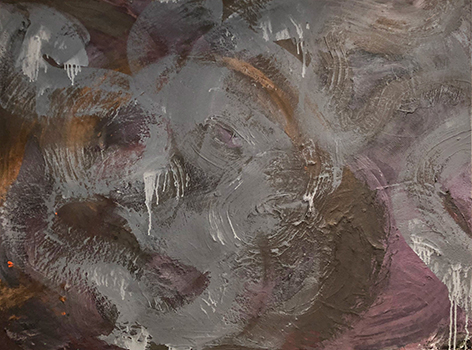 灰みがかった黒い地に薄い白でラインが描かれている抽象画