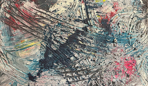 青・白・赤を何度も重ねた抽象画