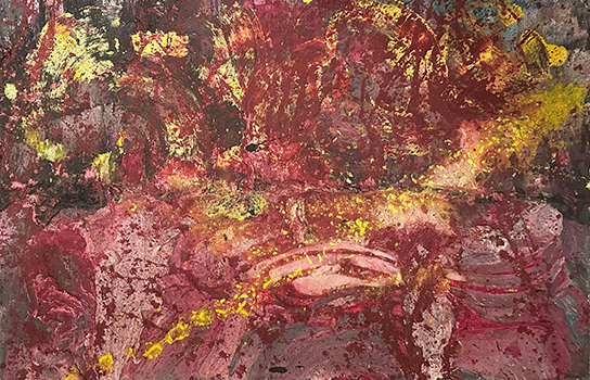 赤・黄・黒を何度も重ねた抽象画