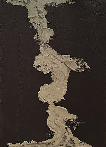 黒地に緑を組み合わせ流れを描いている、珪藻土で描かれた抽象画