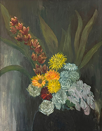 寂しげな色調の花瓶と花の油絵