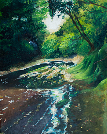 山の中を流れる川を描いた風景画