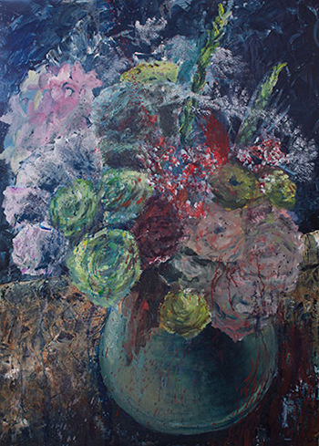 未熟な筆致で描かれ、上から絵の具のしぶきが散らされた花瓶と花の油絵