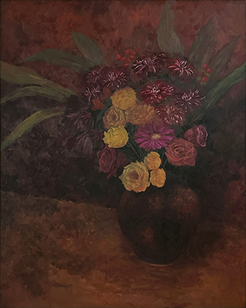 落ち着いた色調で描かれた花瓶と花の油絵