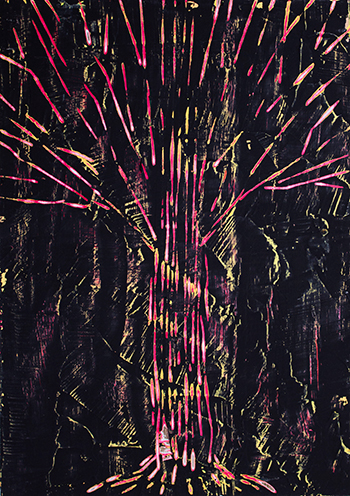 黒い画面に木が彫刻されている絵画