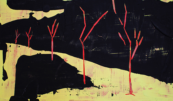 黒と黄色の色面上で並木のような彫刻のある抽象画