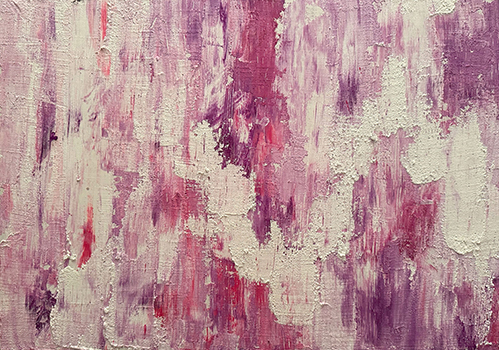 白地にショッキングピンクでリズミカルに模様が描かれた抽象画